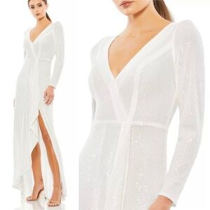 Mac Duggal Ieena White Sequined Faux Wrap Long Sleeve Gown Size 6